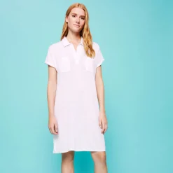 Fashion Vilebrequin Women Linen Long Polo Dress Solid White/White
