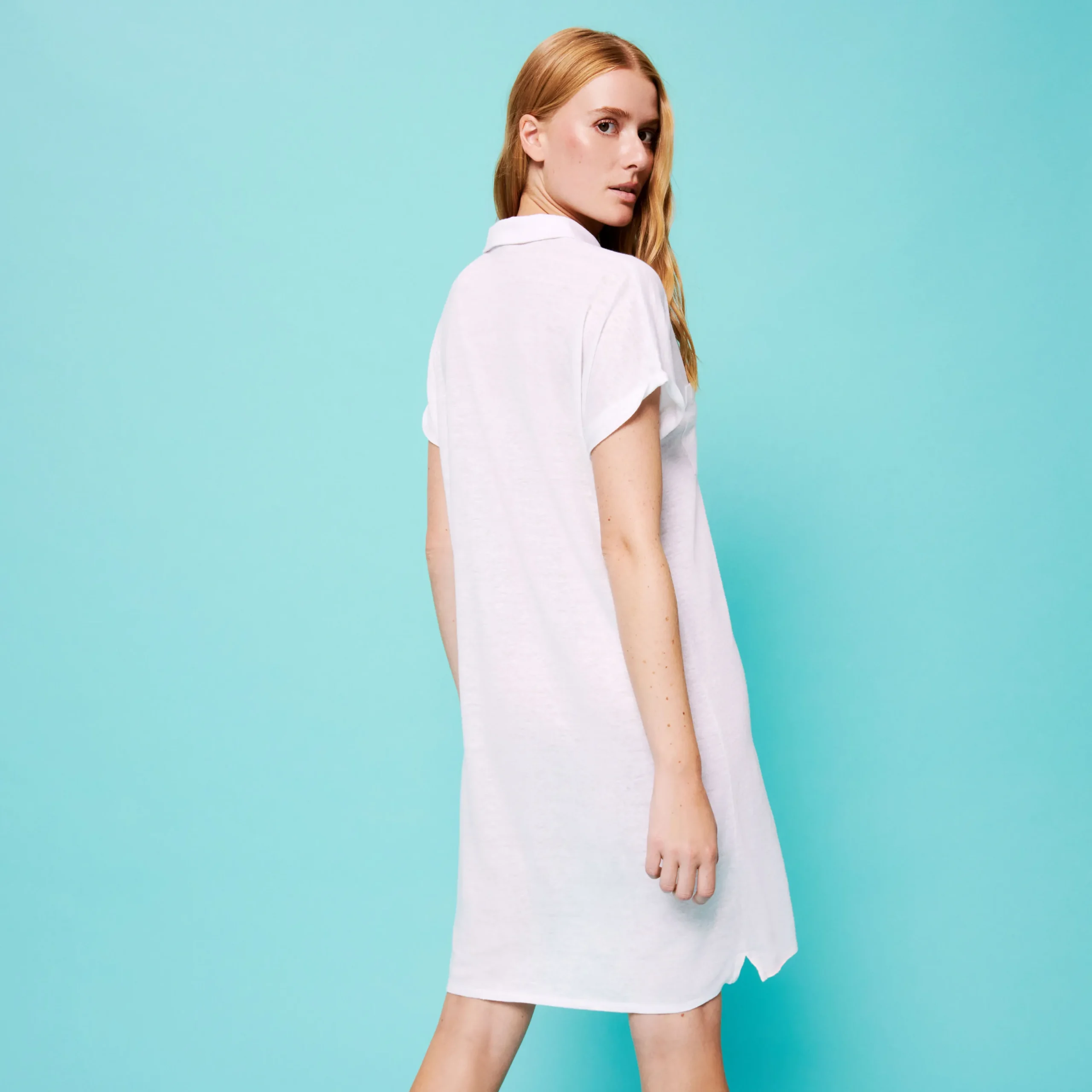 Fashion Vilebrequin Women Linen Long Polo Dress Solid White/White