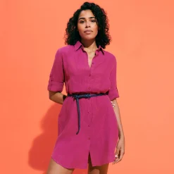 Best Sale Vilebrequin Women Linen Shirt Dress Solid Crimson Purple/Red