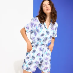 Best Sale Vilebrequin Women Linen Short Sleeves Shirt Flash Flowers Purple Blue/Blue