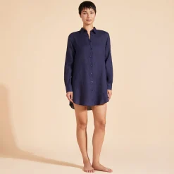 Clearance Vilebrequin Women Long Linen Shirt Solid Navy/Blue