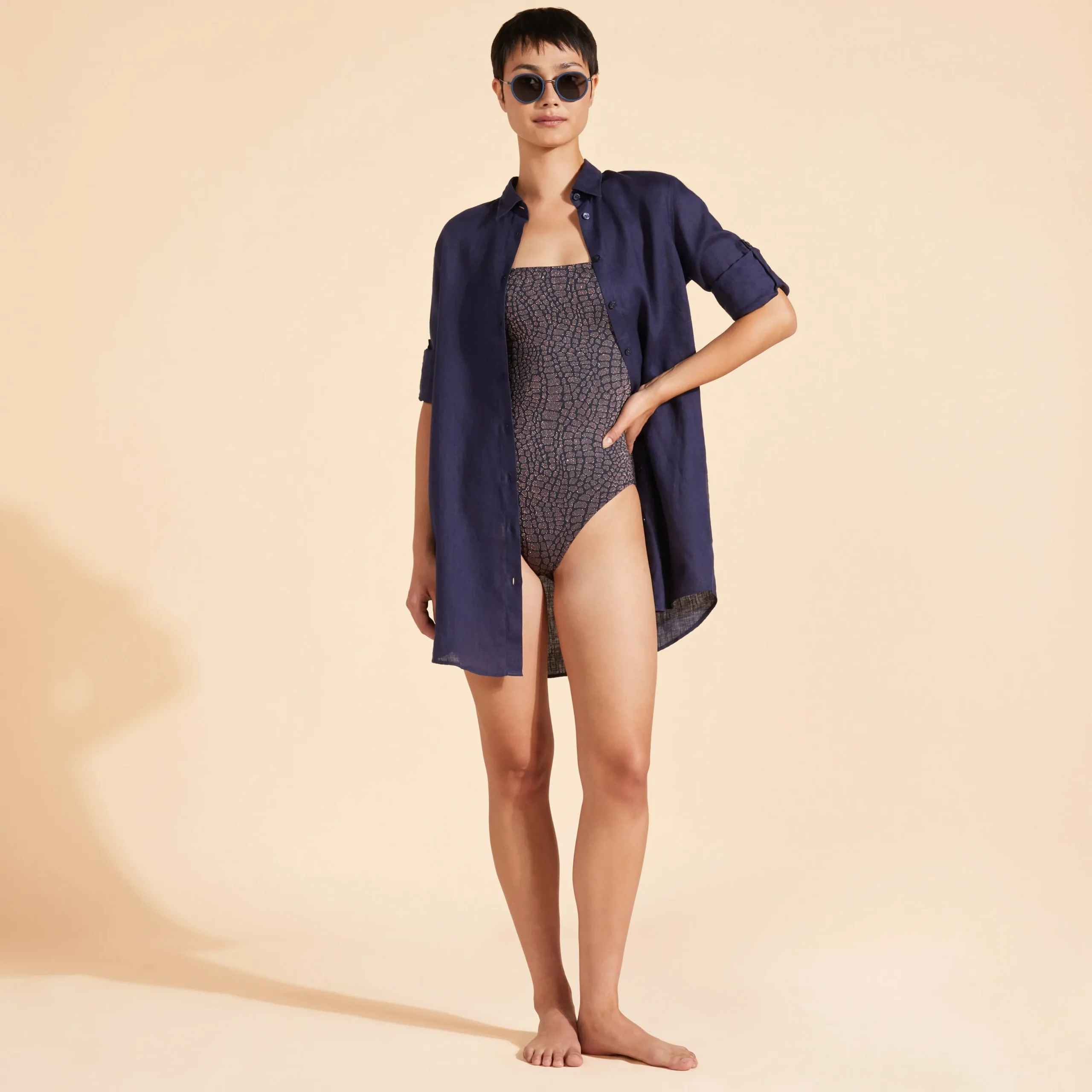 Clearance Vilebrequin Women Long Linen Shirt Solid Navy/Blue