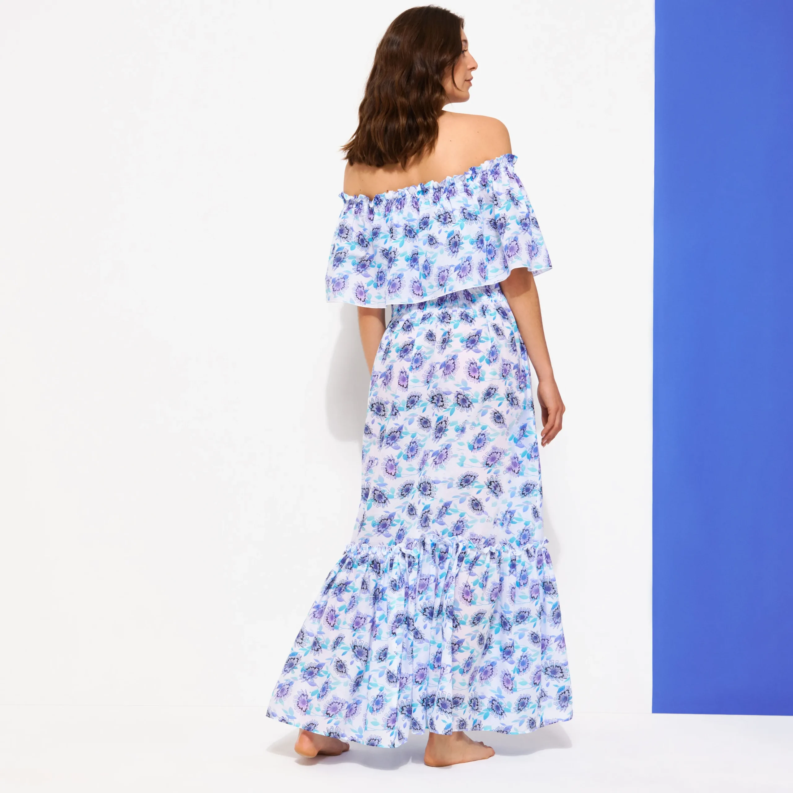 Flash Sale Vilebrequin Women Long Off The Shoulders Cotton Dress Flash Flowers Purple Blue/Blue