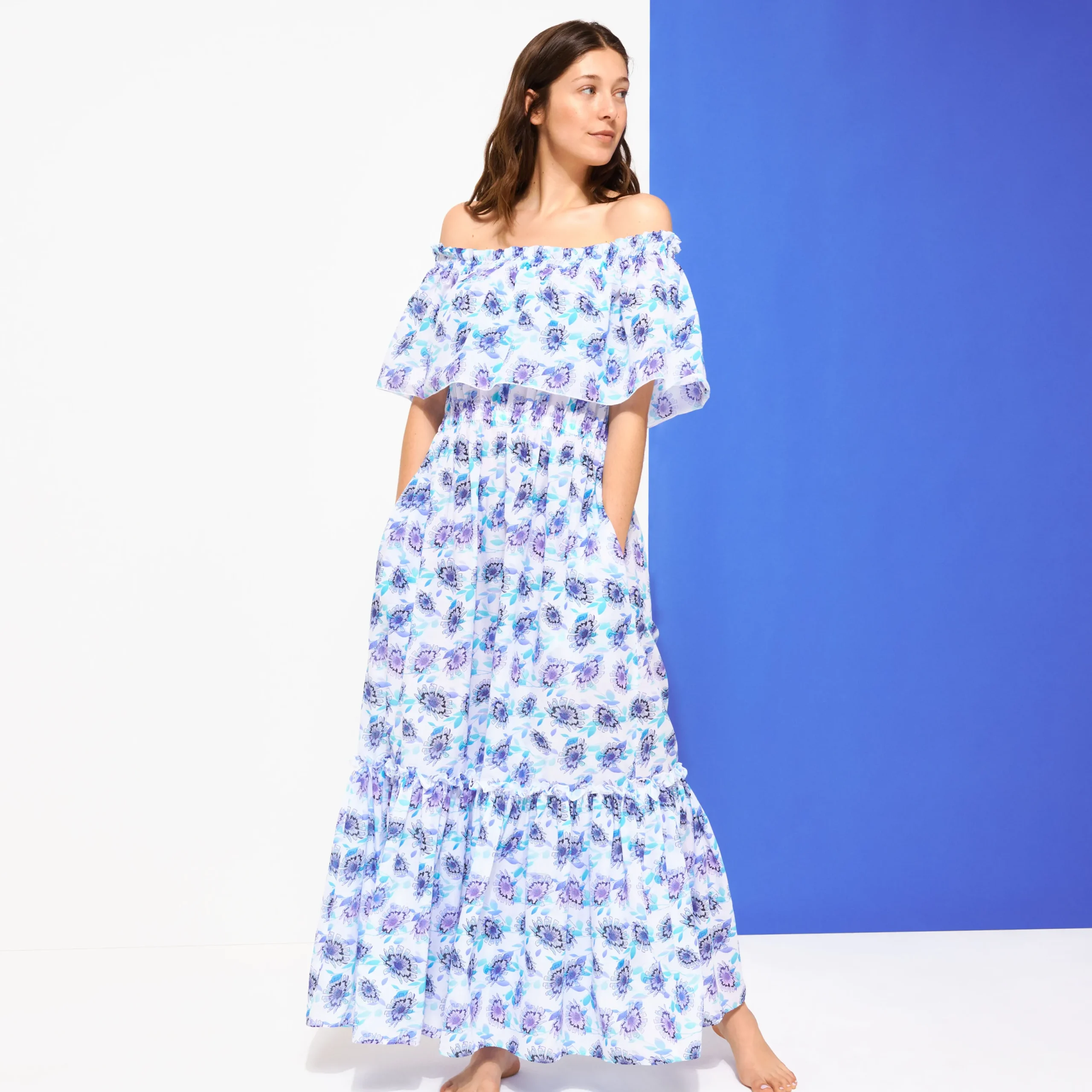 Flash Sale Vilebrequin Women Long Off The Shoulders Cotton Dress Flash Flowers Purple Blue/Blue