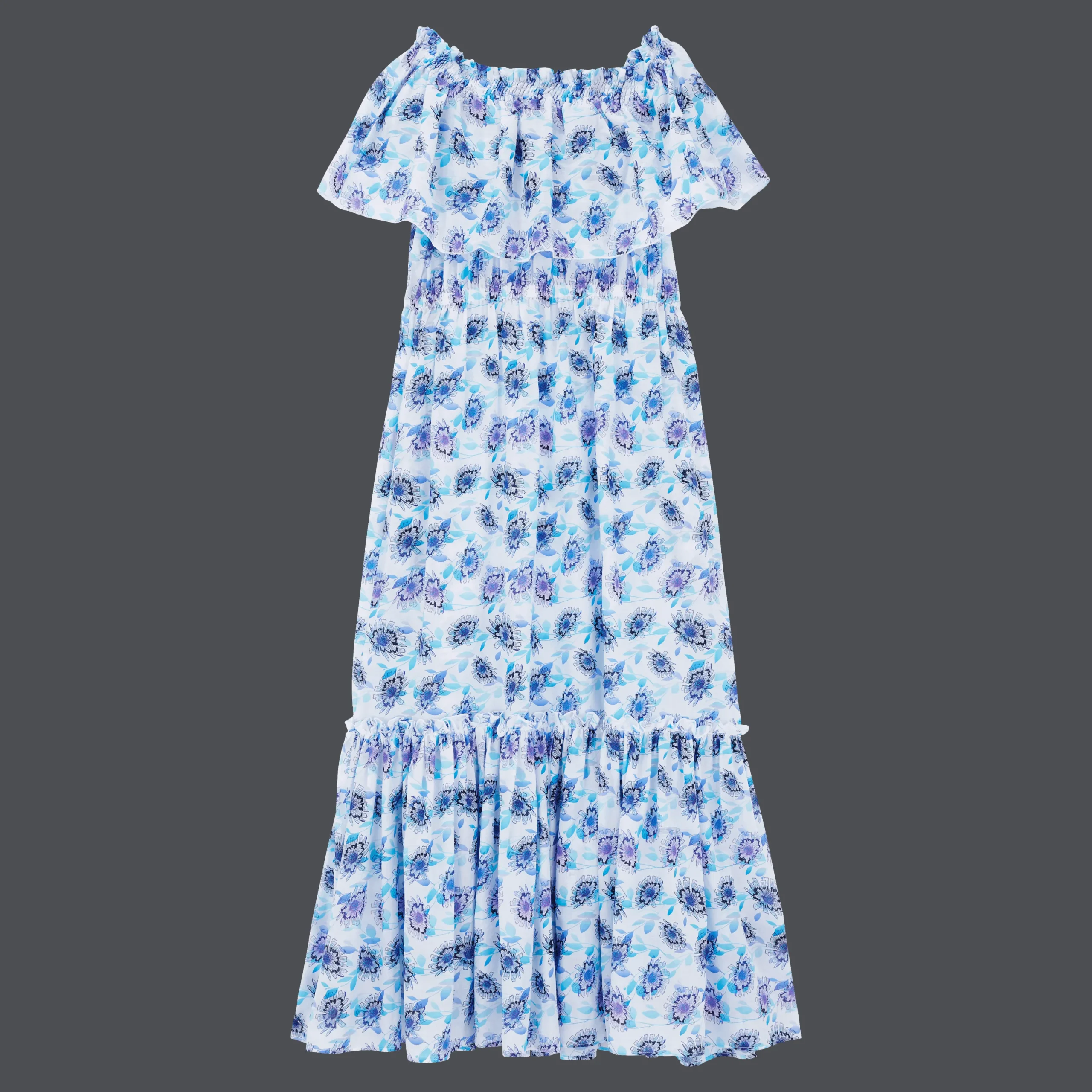 Flash Sale Vilebrequin Women Long Off The Shoulders Cotton Dress Flash Flowers Purple Blue/Blue