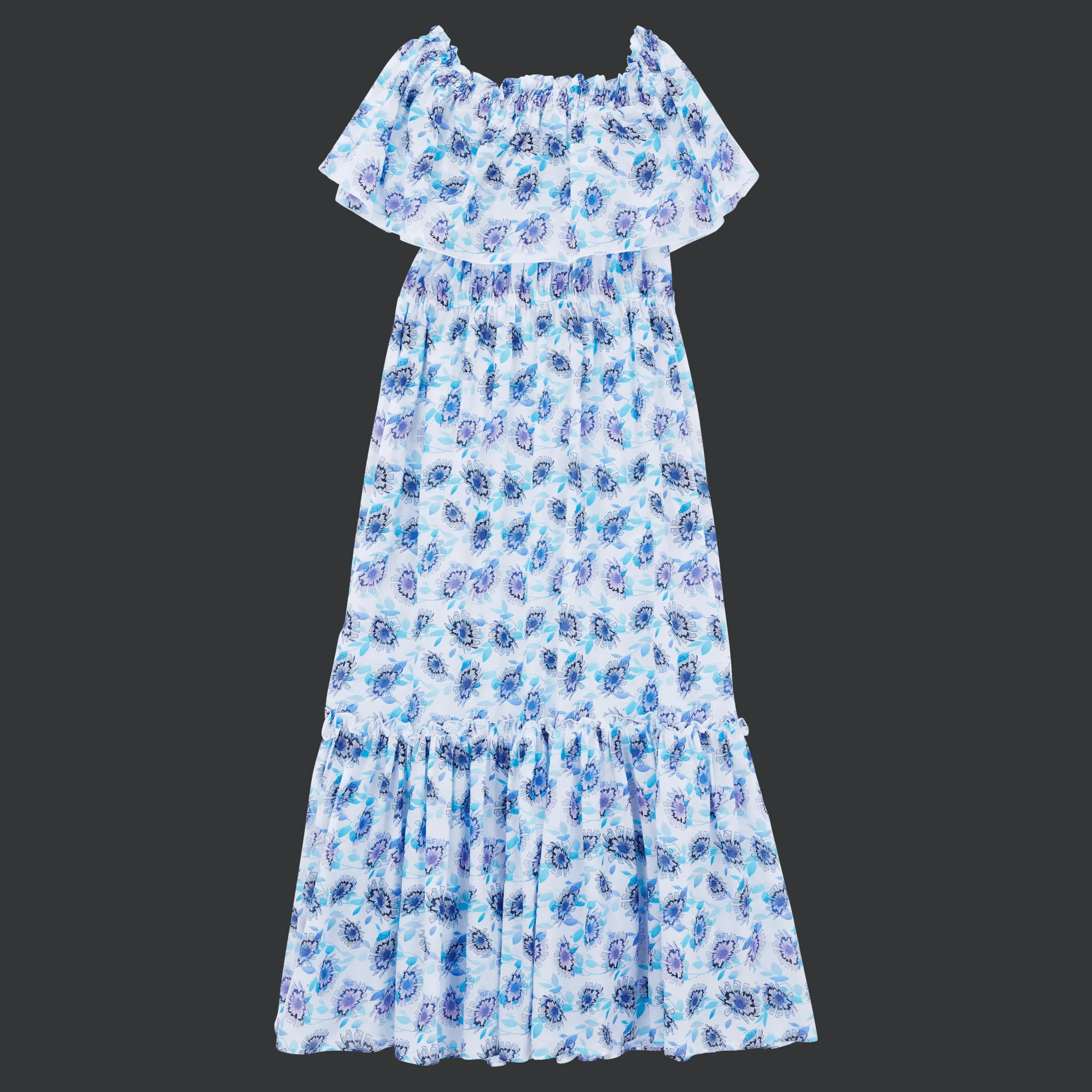 Flash Sale Vilebrequin Women Long Off The Shoulders Cotton Dress Flash Flowers Purple Blue/Blue
