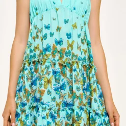 Sale Vilebrequin Women Low Back And Long Cotton Dress Butterflies Lagoon/Blue