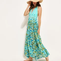 Sale Vilebrequin Women Low Back And Long Cotton Dress Butterflies Lagoon/Blue