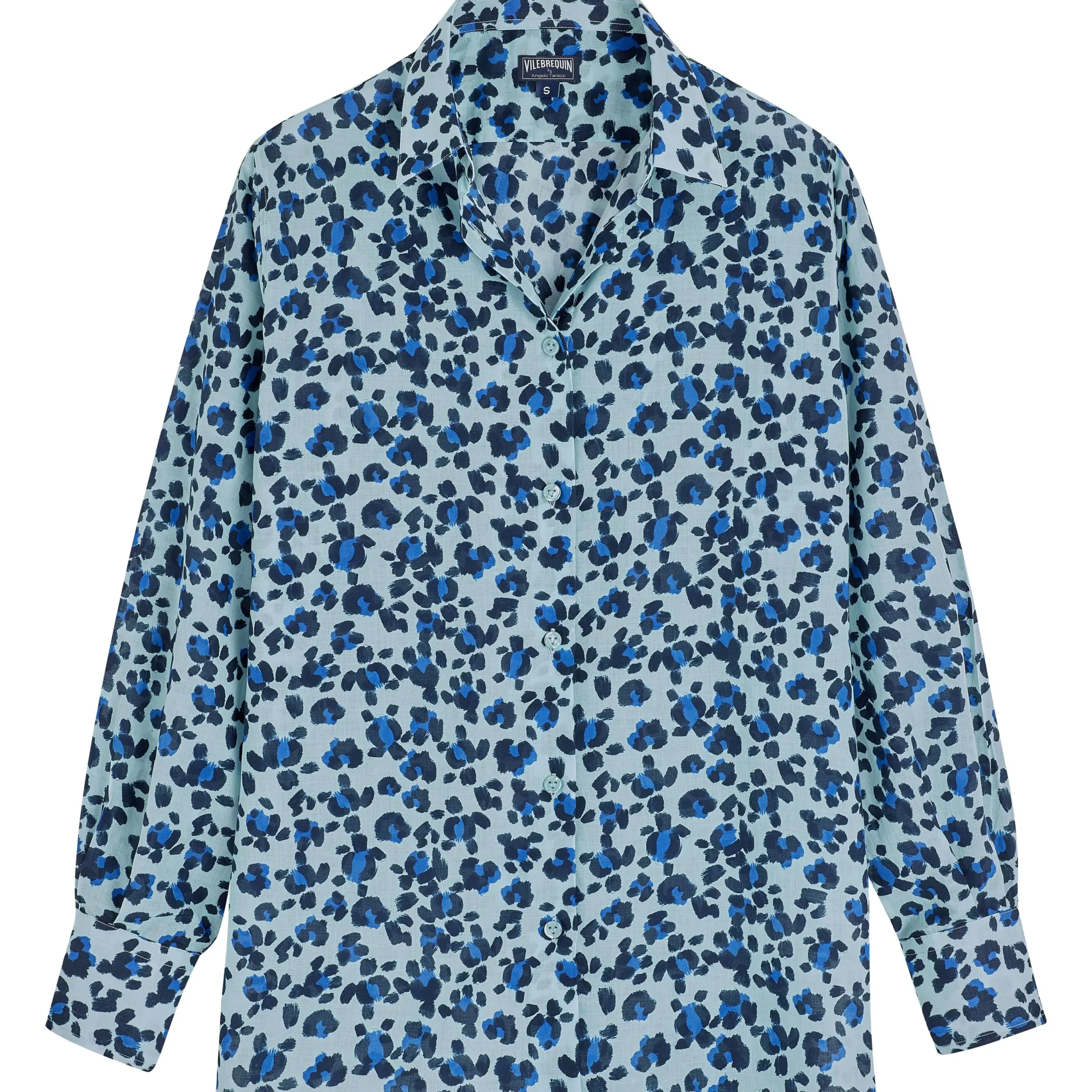Fashion Vilebrequin Women Organic Cotton Veil Shirt Turtles Leopard- X Angelo Tarlazzi Thalassa/Blue