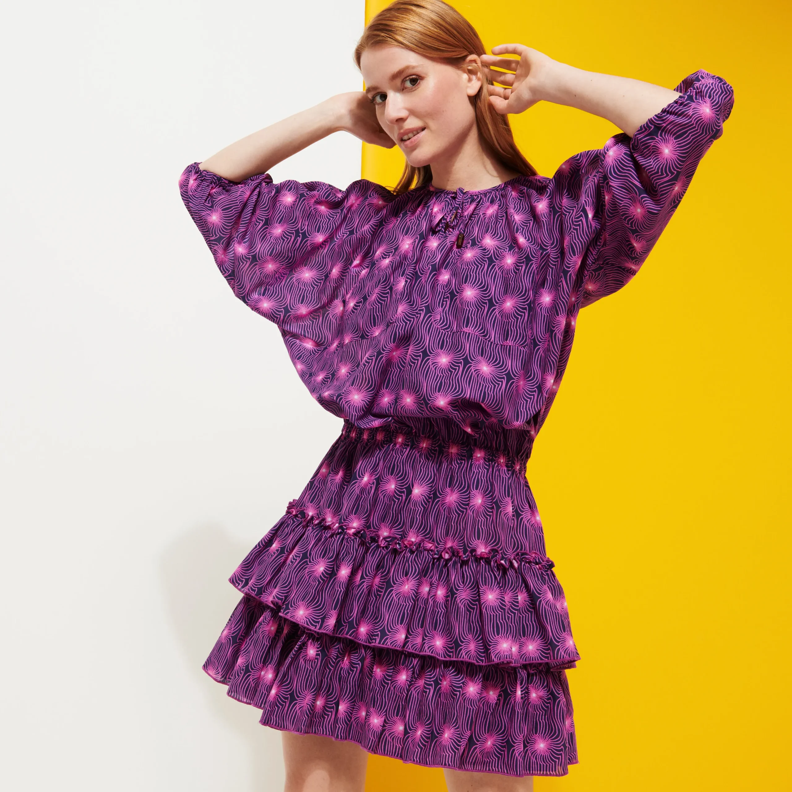 Clearance Vilebrequin Women Short Ruffles And Long Sleeves Cotton Dress Hypno Shell Navy/Blue