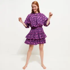 Clearance Vilebrequin Women Short Ruffles And Long Sleeves Cotton Dress Hypno Shell Navy/Blue