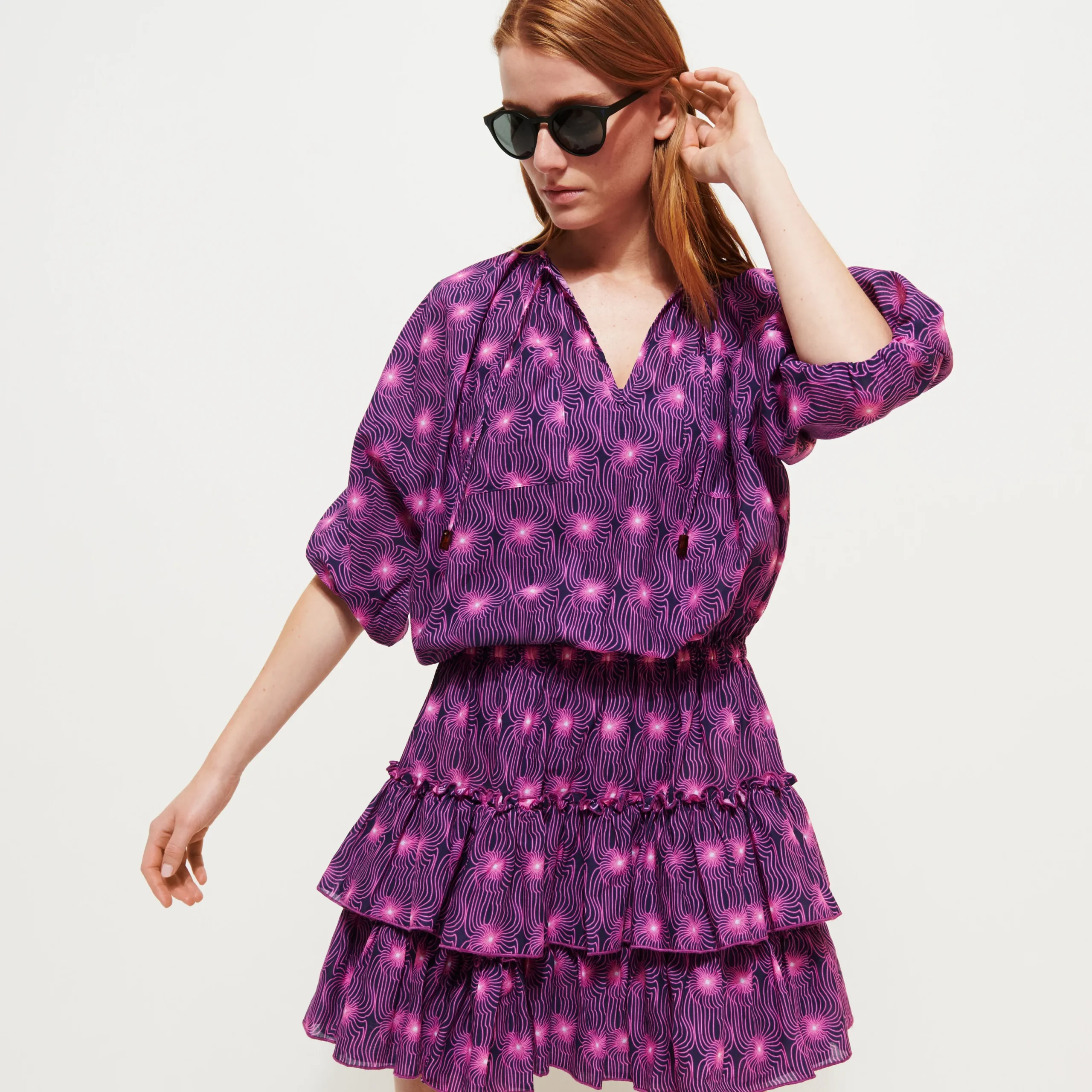 Clearance Vilebrequin Women Short Ruffles And Long Sleeves Cotton Dress Hypno Shell Navy/Blue