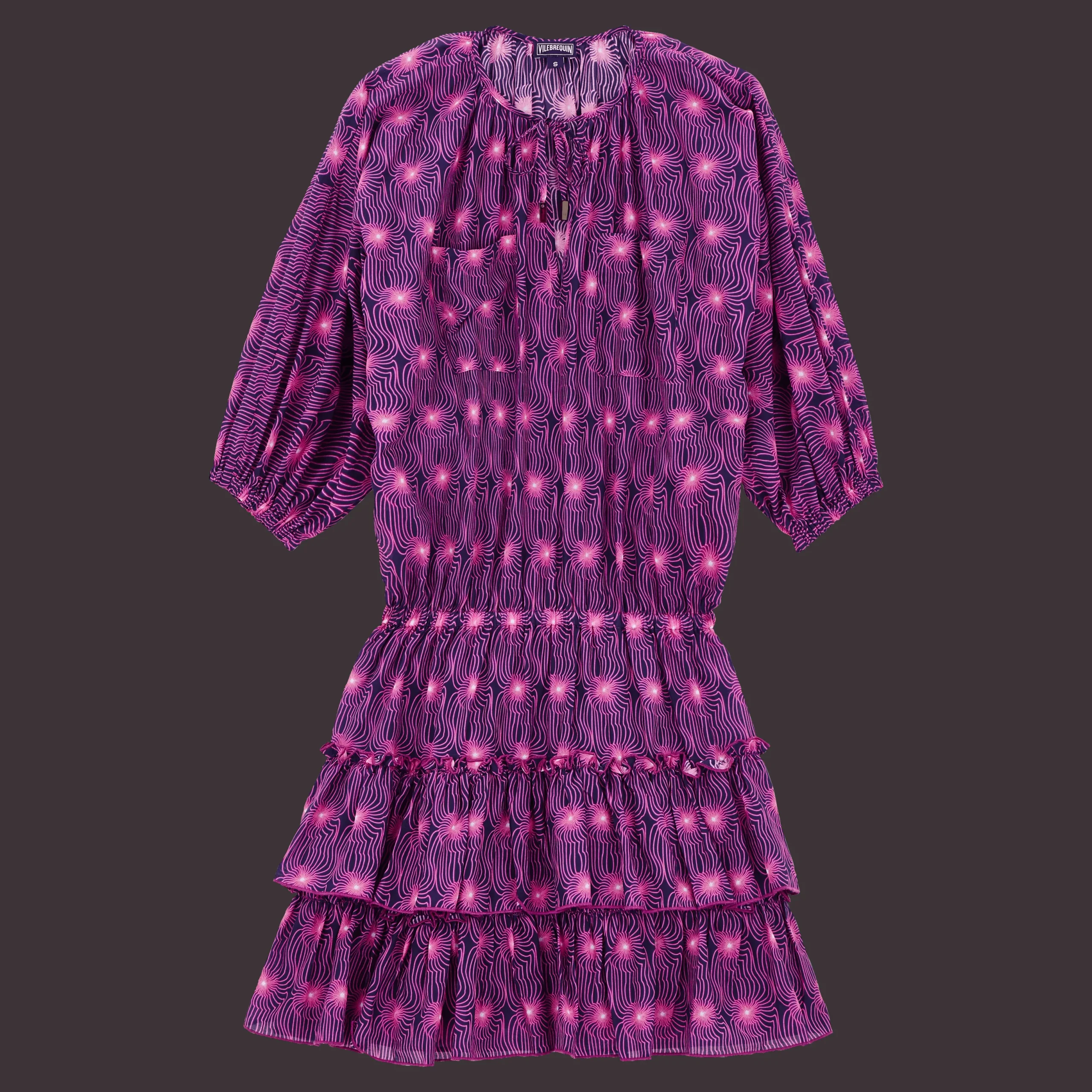 Clearance Vilebrequin Women Short Ruffles And Long Sleeves Cotton Dress Hypno Shell Navy/Blue