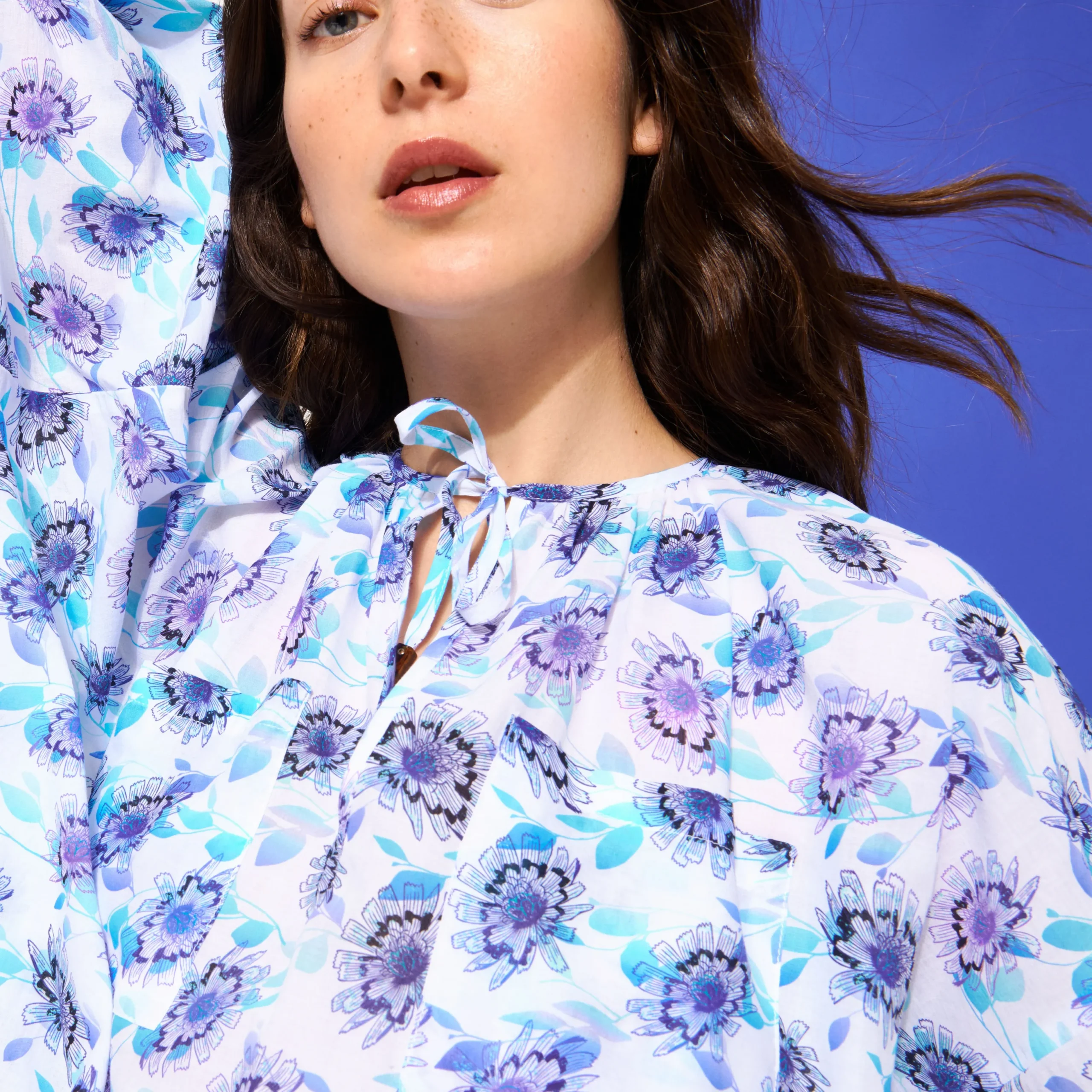 Fashion Vilebrequin Women Short Ruffles Cotton Dress Flash Flowers Purple Blue/Blue