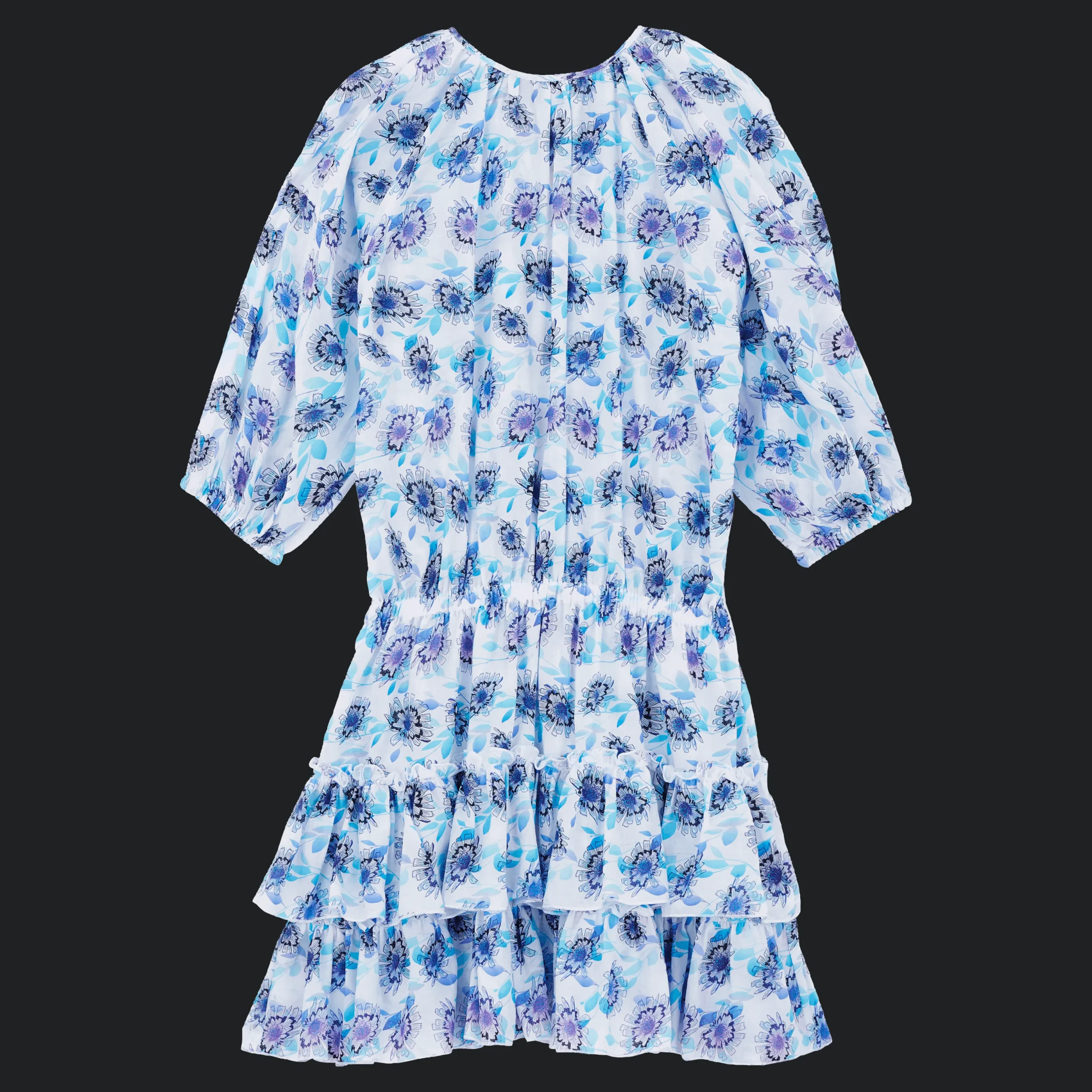Fashion Vilebrequin Women Short Ruffles Cotton Dress Flash Flowers Purple Blue/Blue